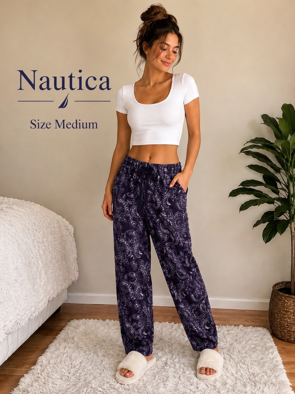 Nautica Paisley Lounge Pajama Pants Size Medium Purple Drawstring Sleepwear